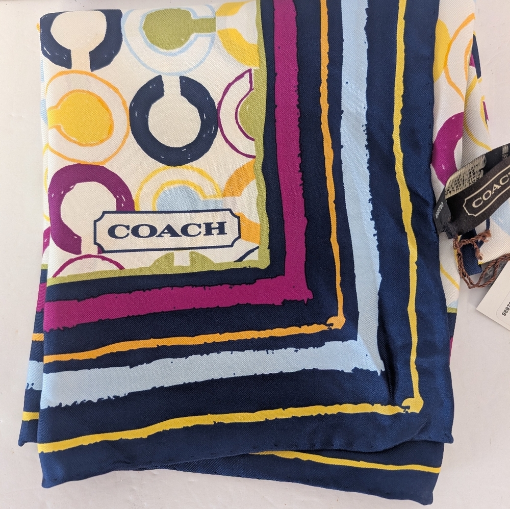Coach Multicolor Circle & Stripe Silk Scarf in Navy, Yellow, Pink - Picture 4 of 4
